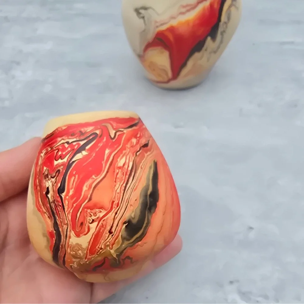 Nemadji Native American Clay Pottery Marbled Swirl Vases Set of 2 Red Orange Tan